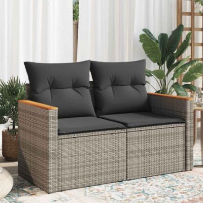 Garden Sofa Grey Poly Rattan, Powder-coated steel, Solid Acacia wood