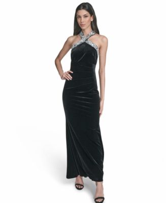 eliza j reverse halter dress Eliza J Women's Velvet Embellished Halter Neck Gown