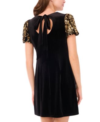 Embellished Scoop Neck Short Puff- Sleeve Velvet Dress