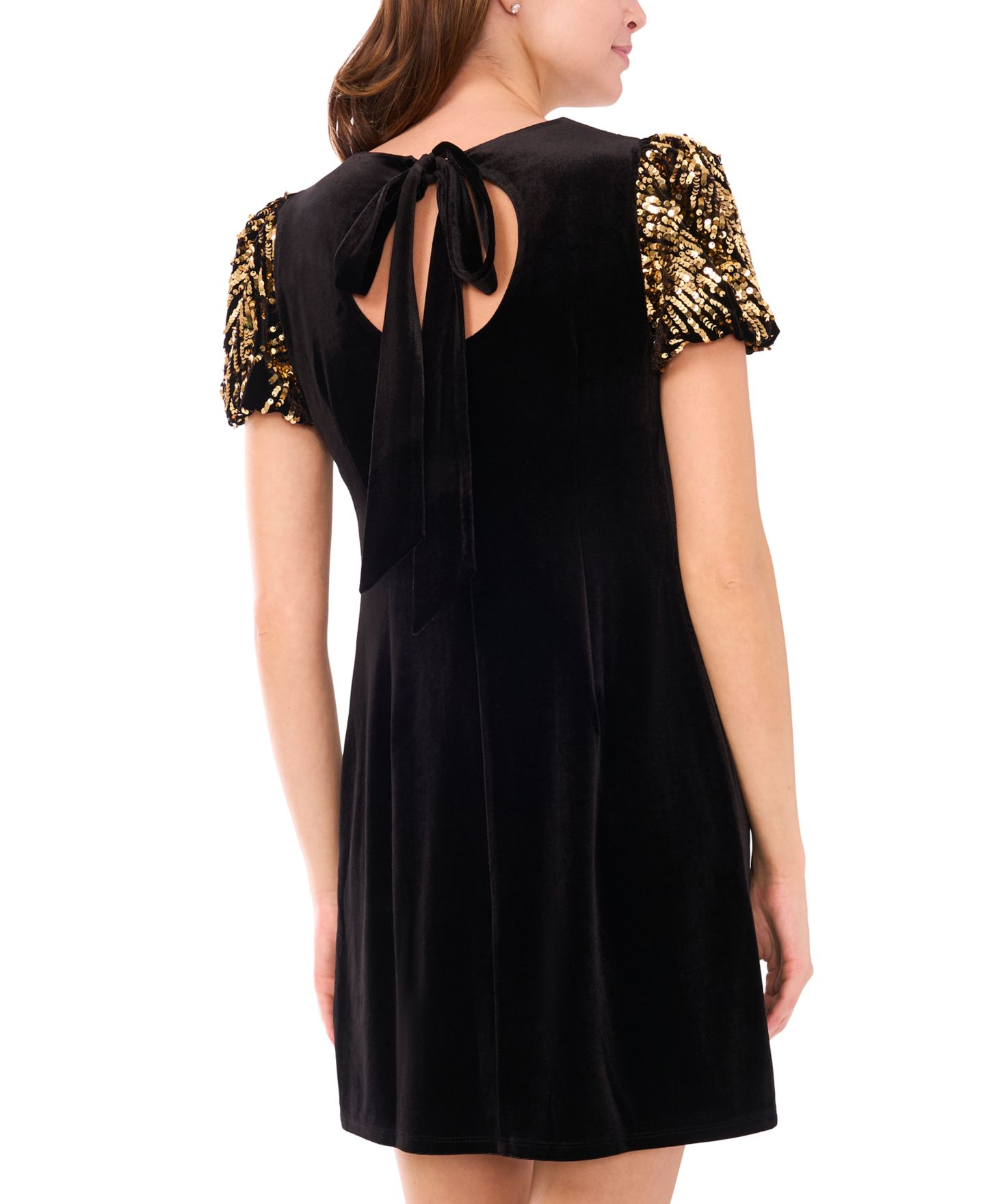 Женское платье CeCe Embellished Scoop Neck Short Puff- Sleeve Velvet, цвет: Насыщенный чёрный — фото 5