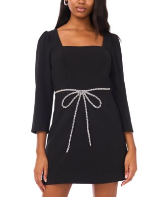 Women’s Long Sleeve Square Neck Embellished Bow Applique Dress