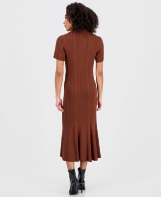 Women's Rib-Knit Short-Sleeve Midi Sweater Dress