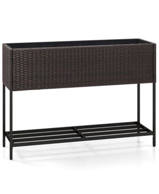 Elevated Planter Box Raised Garden Bed w/ Rattan Surface Bottom Storage Shelf & Removable Liner