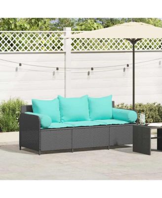 Patio Sofa with Cushions 3-Seater Black Poly Rattan