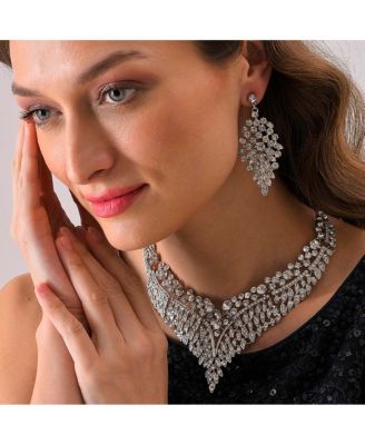 Women's Silver Leaf Bling Cluster Necklace And Earrings (Set Of 2)