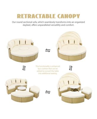- Rattan Daybed Outdoor Sectional Sofa Set - Retractable Canopy - Beige