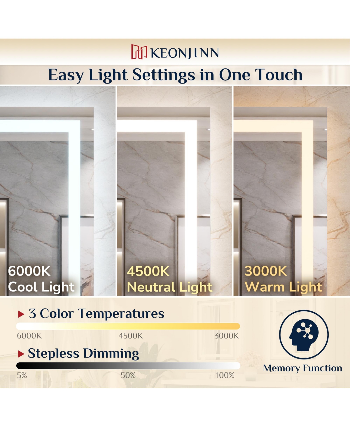 keonjinn Inch Led Bathroom Vanity Mirror Tempered Glass Front & Backlit Dimmable 3 Color Lighted Mirror Anti-fog Memory Function Frameless