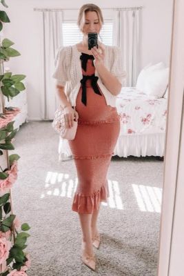 Olive Satin Smocked Fitted Maternity Maxi Dress