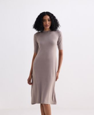 Women's High Crew Neck Elbow Sleeves Fitted Dress in Dusty Brown