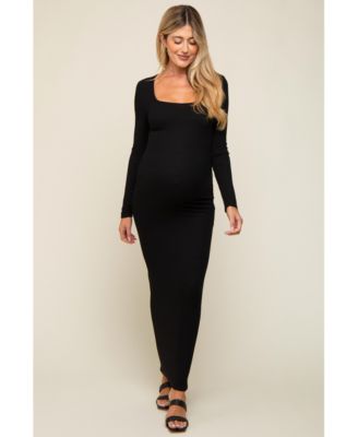 Maternity Black Ribbed Long Sleeve Square Neck Maxi Dress