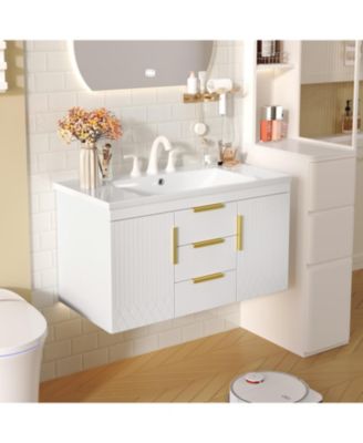 36" Wall-Mounted Floating Bathroom Vanity with Solid Wood Cabinet and 2 Drawers