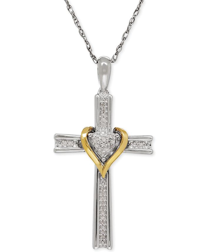 Macy's Diamond Accent Cross Pendant Necklace in Sterling Silver and 14k