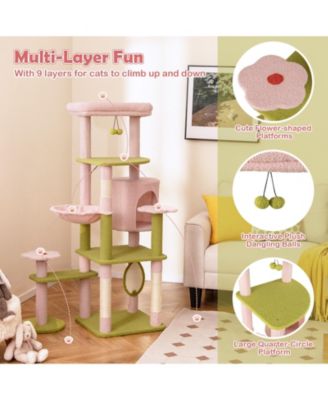 58'' Plush Cat Tree Floral Climbing Tree Multi-level Cat Tower w/ Round Basket