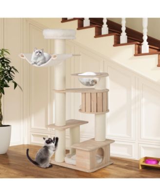 69'' Tall Cat Tree Wooden Kitten Tower w/ 2 Condos Cozy Top Perch Space Capsule