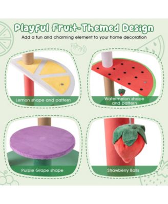45'' Tall Cat Tree w/ Plush Padded Top Perch Fruit-Shaped Platforms Dangling Balls