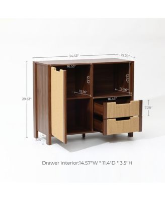 Walnut Finish Storage Cabinet with Rope Drawer Front, 1 Door, 2 Drawers, MDF Wood