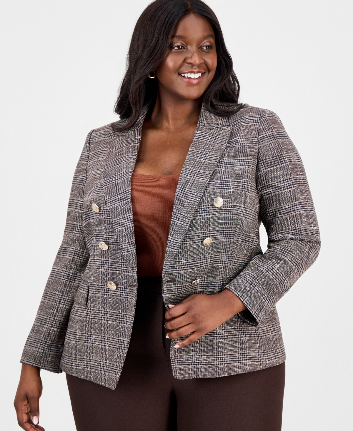 Tahari Asl Plus Plaid Peak Lapel Double-Breasted Blazer