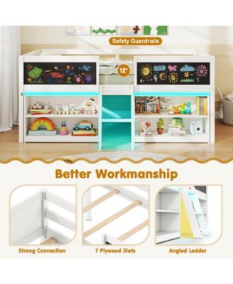 Low Loft Bed Twin Size Wooden Bed Frame Kid's Cabin Bed w/ Bookcases