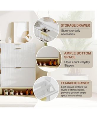Fluted shoe cabinet with 2 flip drawers, 1 drawer, and a hook. Modern farmhouse style with metal legs. Perfect for narrow entryways,White