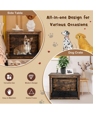 Wooden Dog Crate Furniture with Pad Bed Double Doors Dog Kennel End Table