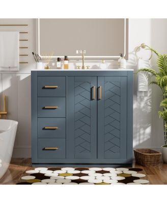 36inch Solid Wood Frame 3 Drawers Soft Closing Doors Bathroom Vanity with Ceramic Sink Combo Bathroom Storage Cabinet Freestanding Vanity Set