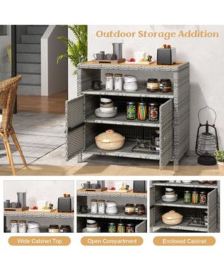 Rattan Storage Cabinet with Acacia Wood Countertop for Poolside Deck and Patio
