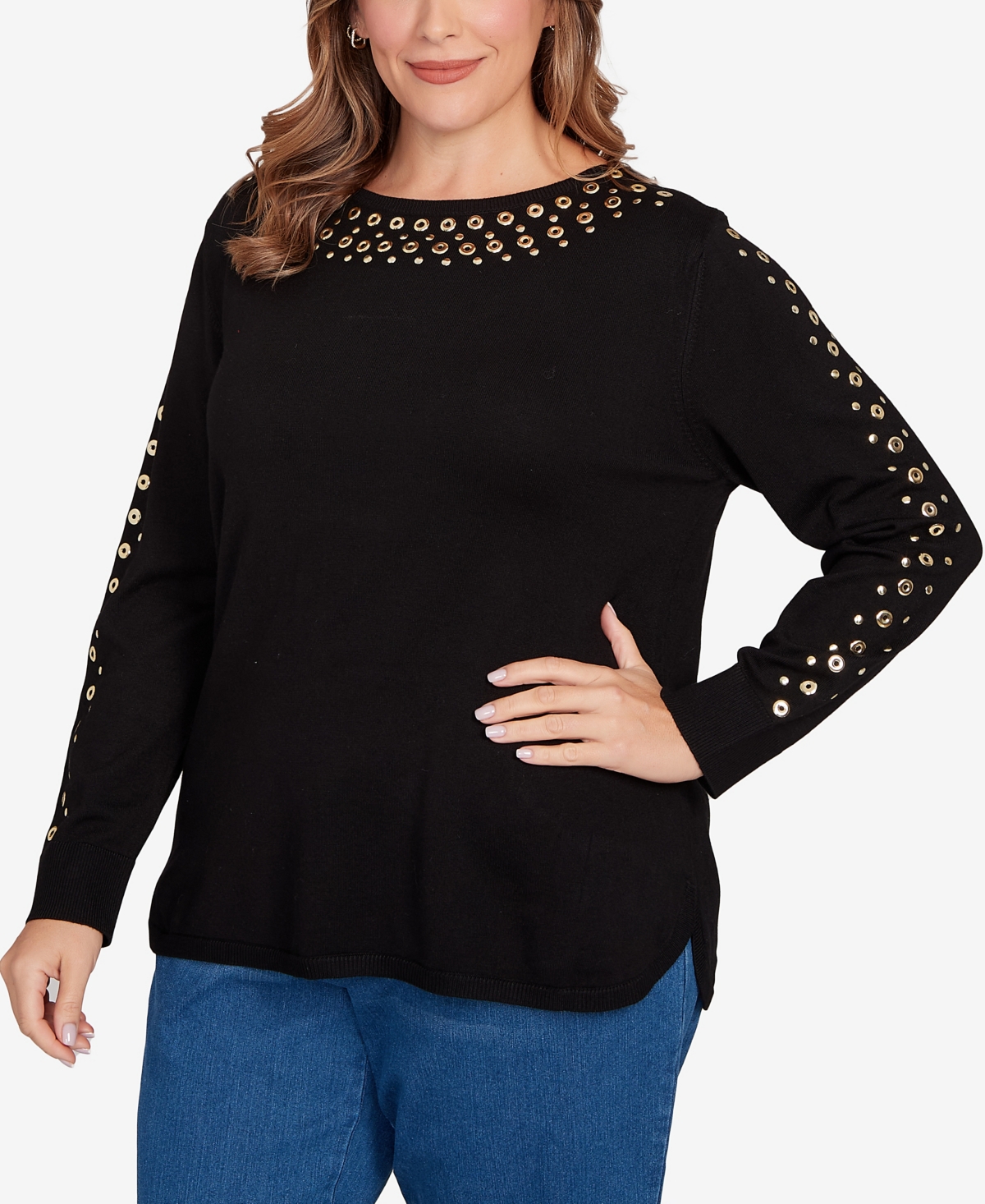 Ruby Rd. Plus Size Grommet Embellished Fine Gauge Sweater In Black