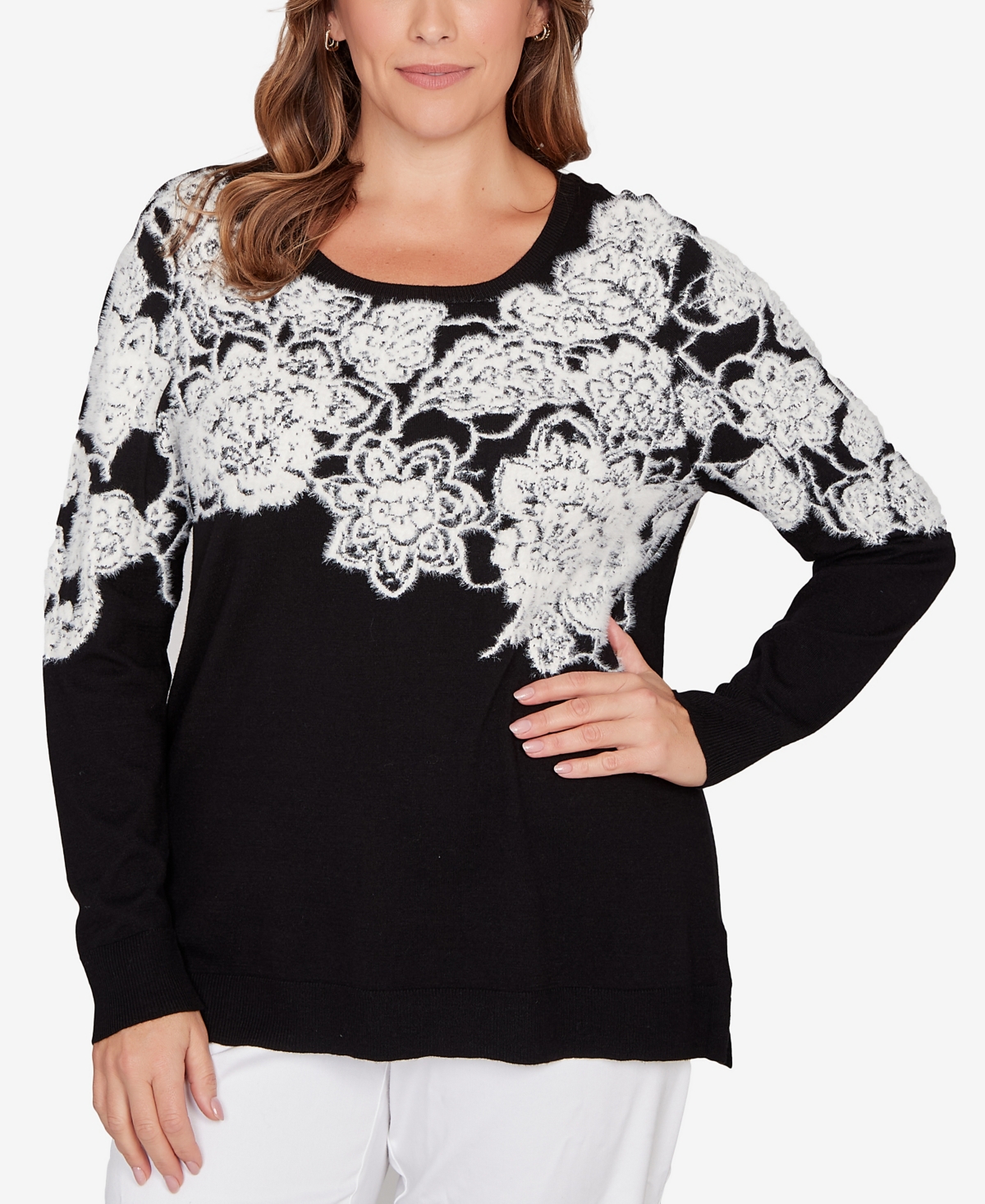 Ruby Rd. Plus Size Floral Placement Eyelash Sweater In Black