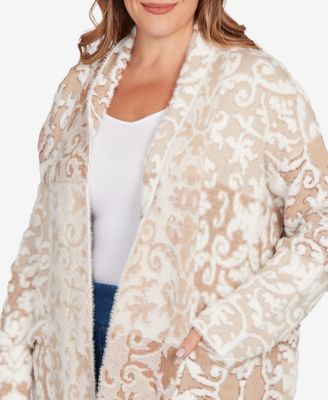 Plus Size Eyelash Scroll Jacquard Cardigan Sweater