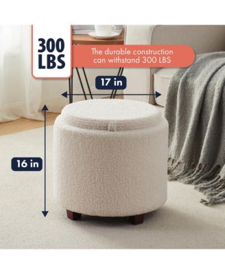 Lawrence Round Boucle White Storage Ottoman with Table Top Lid
