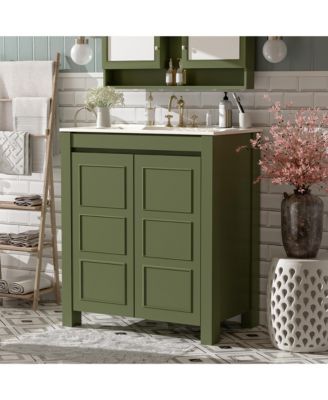 30" Solid Wood & MDF Bathroom Vanity with Ceramic Sink, Soft-Close Doors & Adjustable Shelf Storage Cabinet