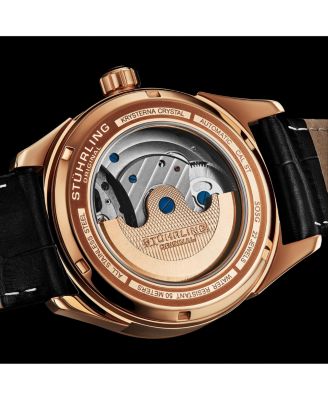 Vanguard 1019.04 Legacy Collection Dual Time Automatic Skeleton Watch 42mm Rose Gold Tone Black Dial Leather Strap