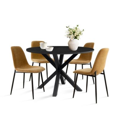 5 Piece Set 39.4 Inch Round MDF Table Boucle Fabric Chairs Starburst Metal Base Curved Back Dining Room Set
