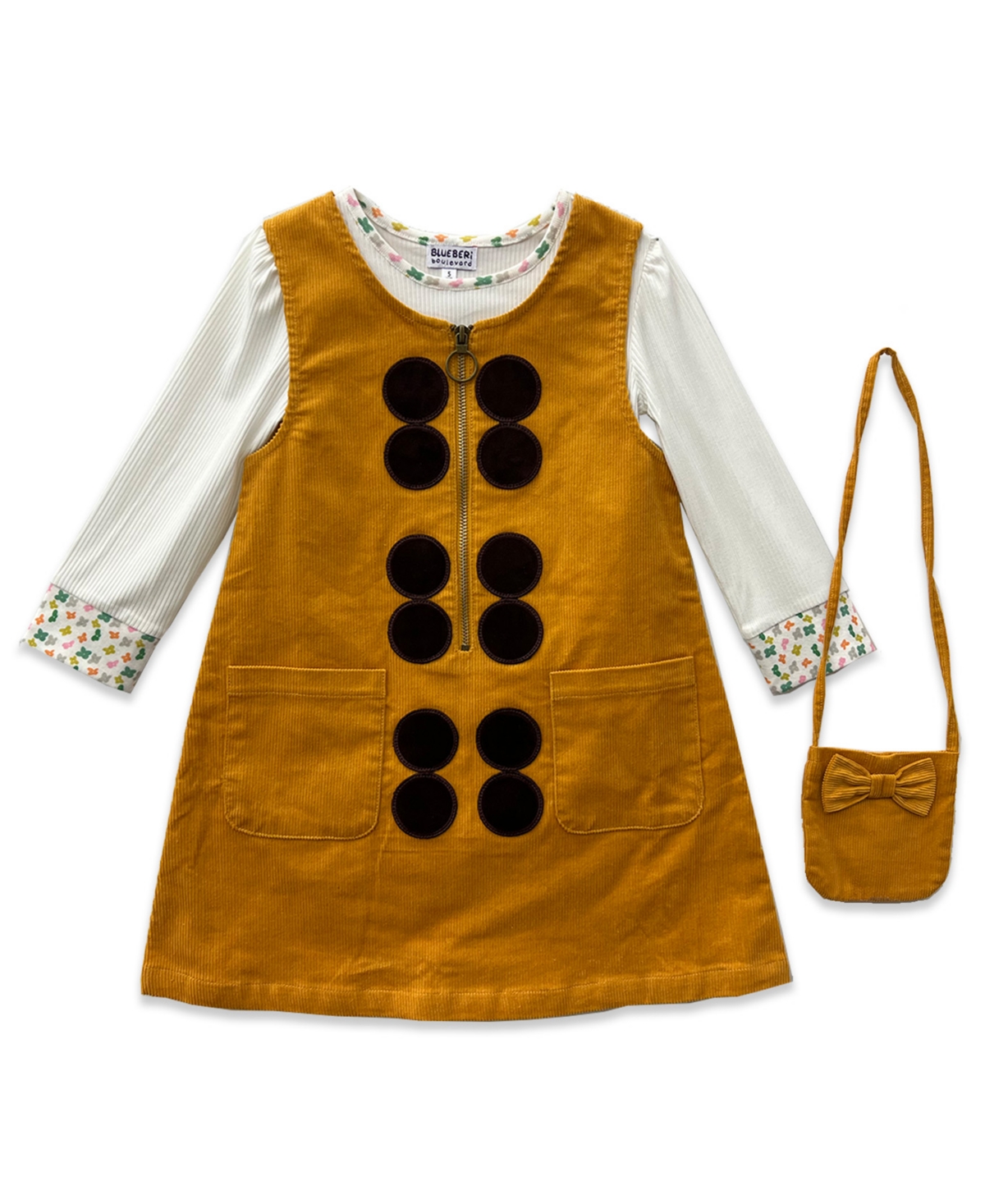 Blueberi Boulevard Girls 2t-6x 3- Piece Applique Jumper, Top And Crossbody Set In Brown