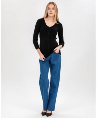 Maternity Ribbed Bella Sweater with Button Detail V-Neck 3/4 Sleeve