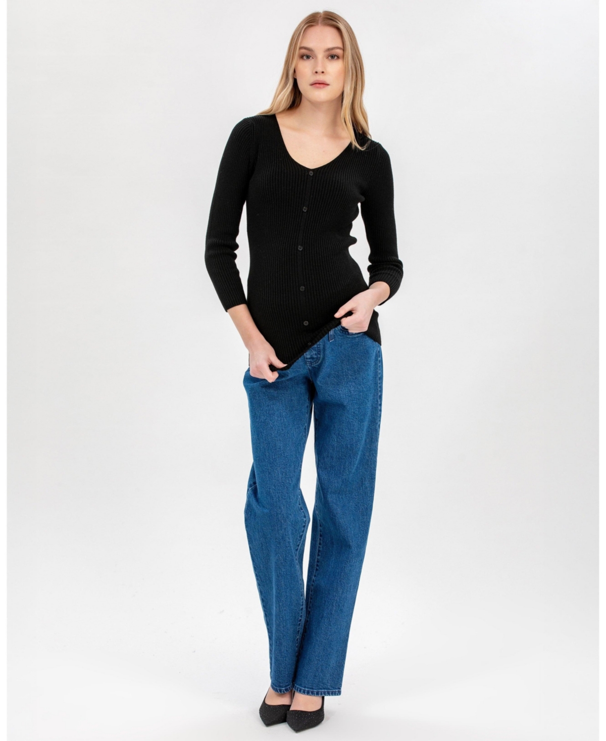 Pietro Brunelli Maternity Ribbed Bella Sweater with Button Detail V-Neck 3/4 Sleeve