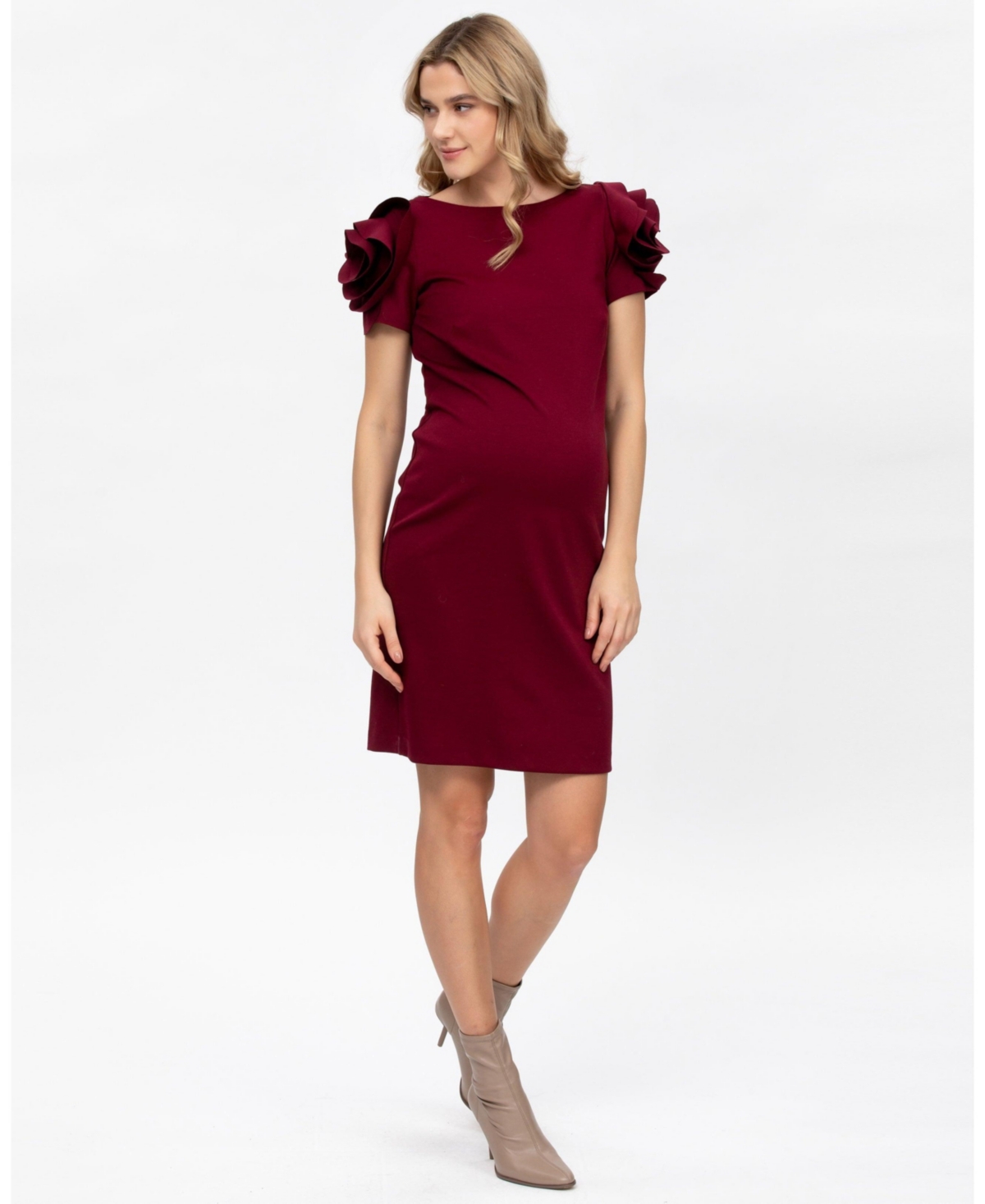 Pietro Brunelli Maternity Maternity Sheath Capri Dress With Rose Sleeve Detail In Burgundy