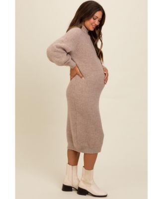 Maternity Beige Mock Neck Bubble Sleeve Midi Sweater Dress
