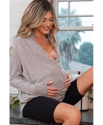 Maternity Beige Knit Draped Wrap V-Neck Nursing Top