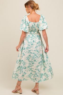 Maternity Teal Floral Puff Sleeve Midi Dress