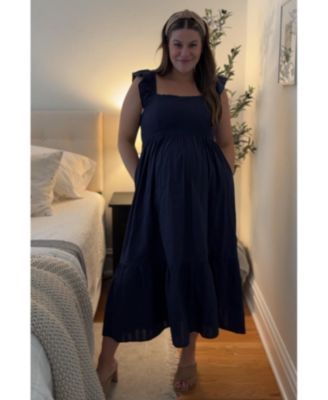 Maternity Navy Blue Textured Cotton Ruffle Strap Midi Dress