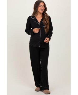 Maternity Dark Navy Button Down Top Wide Leg Pant Pajama Set