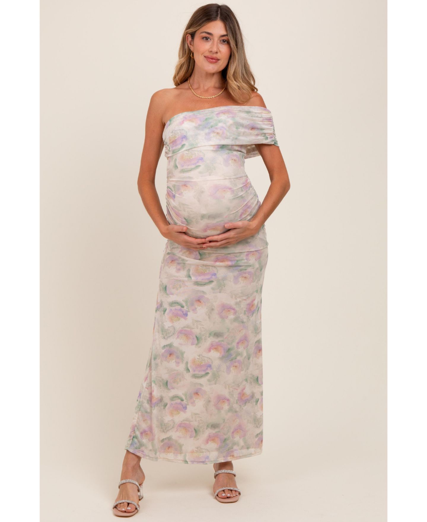 Женское платье Pinkblush Light Pink Floral One Shoulder Ruched Maxi, цвет: Кремовый — фото 1