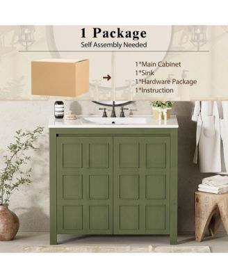 36" Solid Wood Bathroom Vanity Set with Ceramic Sink & Distressed Finish Storage Cabinet Organizer