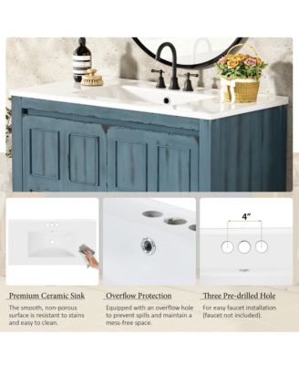 36" Solid Wood Bathroom Vanity Set with Ceramic Sink & Distressed Finish Storage Cabinet Organizer