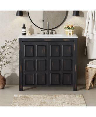 36" Solid Wood Bathroom Vanity Set with Ceramic Sink & Distressed Finish Storage Cabinet Organizer