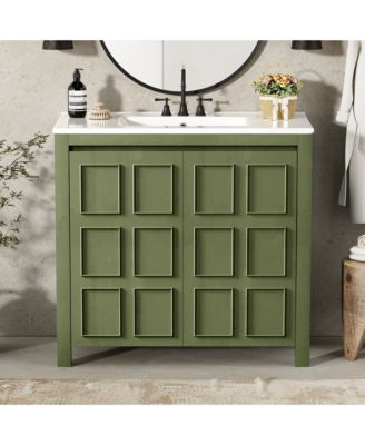 36" Solid Wood Bathroom Vanity Set with Ceramic Sink & Distressed Finish Storage Cabinet Organizer