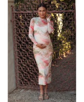 Maternity Pink Abstract Printed Mesh Overlay Maxi Dress