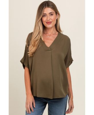 Maternity Olive V-Neck Pin-Tuck Detail Top