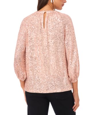 Women's Crewneck Keyhole Sequin Puff 3/4-Sleeve Top